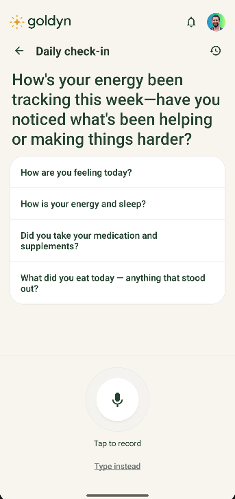 App screenshot: voice-powered daily check-in