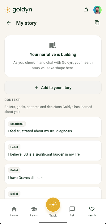 App screenshot: My story — beliefs, goals, and context