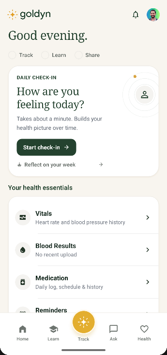 Goldyn home screen: Good evening greeting, Track / Learn / Share pills, and a Daily check-in card