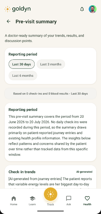 App screenshot: Pre-Visit Summary generated for your doctor