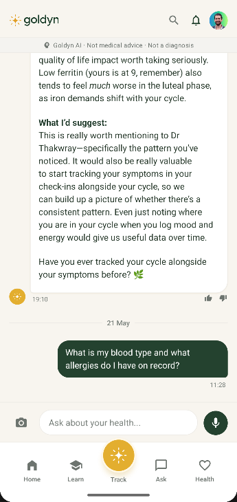 App screenshot: Ask Goldyn AI chat