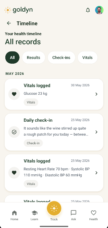 App screenshot: your health timeline — check-ins, vitals, and results in order